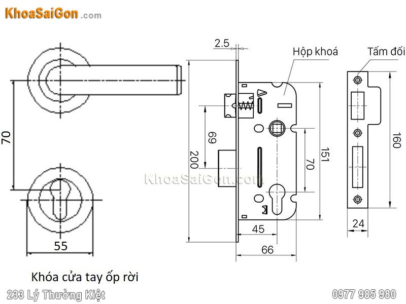 Bản vẽ k&iacute;ch thước kh&oacute;a cửa Việt Tiệp 04070