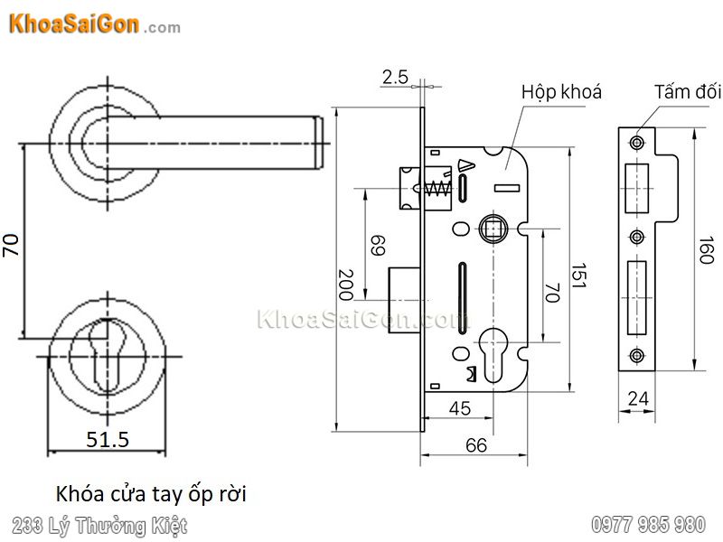 Bản vẽ k&iacute;ch thước kh&oacute;a cửa Việt Tiệp 04072
