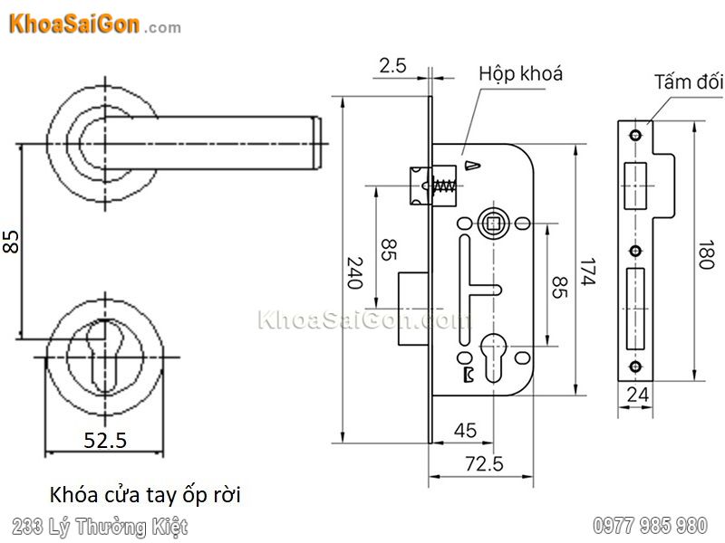 Bản vẽ k&iacute;ch thước kh&oacute;a cửa Việt Tiệp 04082