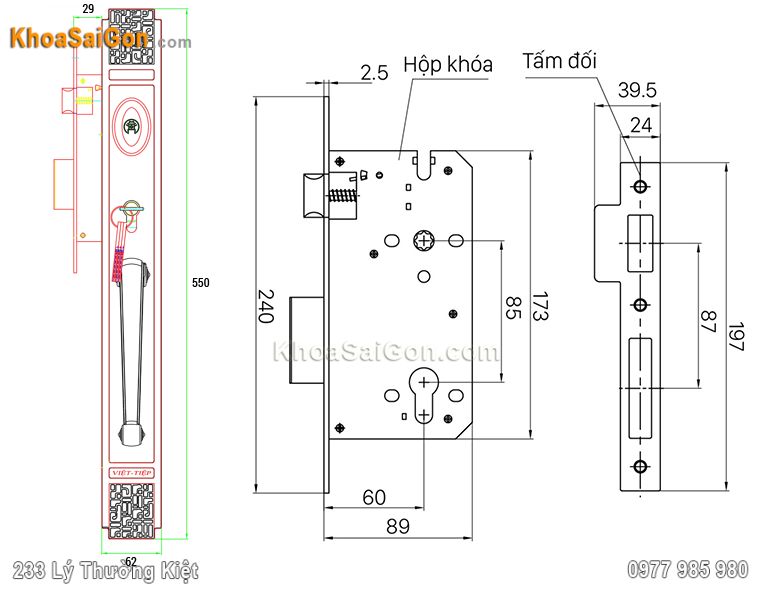 Bản vẽ k&iacute;ch thước kh&oacute;a cửa Việt Tiệp 04291