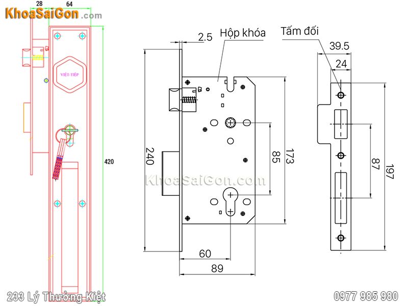 Bản vẽ k&iacute;ch thước kh&oacute;a cửa Việt Tiệp 04292