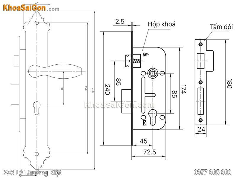 Bản vẽ k&iacute;ch thước kh&oacute;a cửa Việt Tiệp 04296