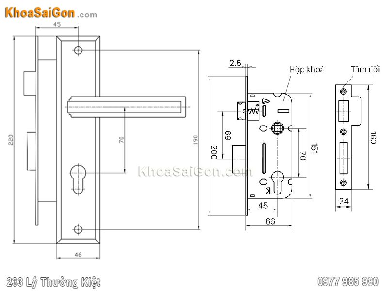 Bản vẽ k&iacute;ch thước kh&oacute;a cửa Việt Tiệp 04315
