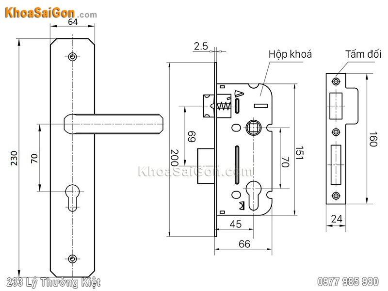 Bản vẽ k&iacute;ch thước kh&oacute;a cửa Việt Tiệp 04338