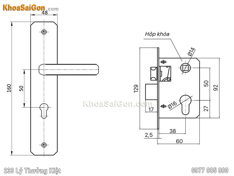 Bản vẽ k&iacute;ch thước kh&oacute;a cửa Việt Tiệp 04502