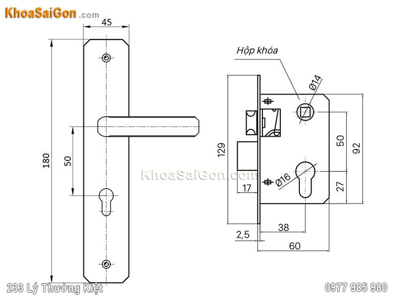 Bản vẽ k&iacute;ch thước kh&oacute;a cửa Việt Tiệp 04503