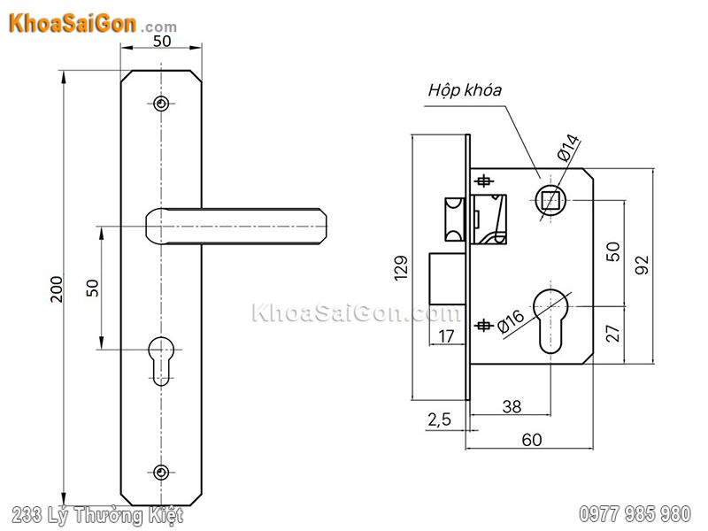 Bản vẽ k&iacute;ch thước kh&oacute;a cửa Việt Tiệp 04508