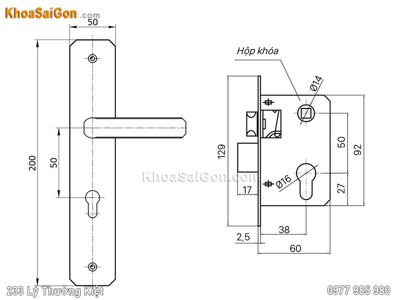 Bản vẽ k&iacute;ch thước kh&oacute;a cửa Việt Tiệp 04509