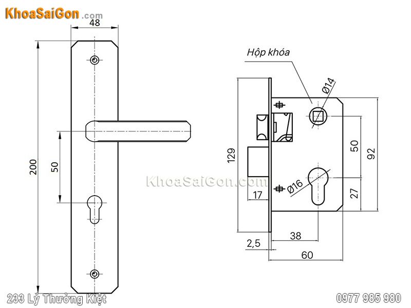 Bản vẽ k&iacute;ch thước kh&oacute;a cửa Việt Tiệp 04545