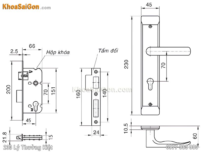 Bản vẽ k&iacute;ch thước kh&oacute;a cửa Việt Tiệp 04723