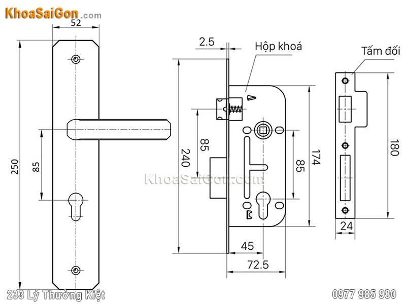 Bản vẽ k&iacute;ch thước kh&oacute;a tay gạt inox Việt Tiệp 04825