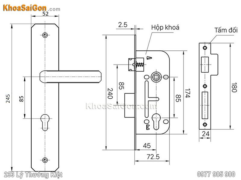 Bản vẽ k&iacute;ch thước kh&oacute;a cửa Việt Tiệp 04912