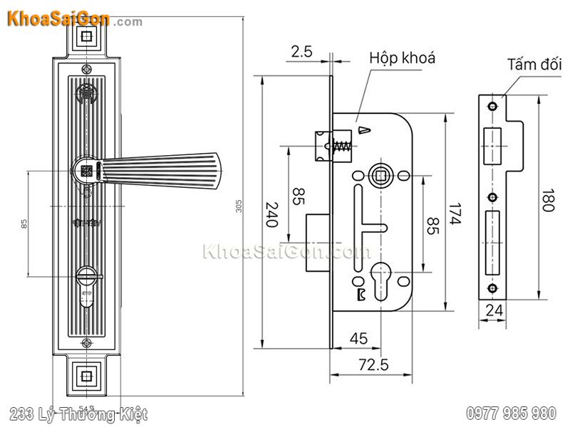 Bản vẽ k&iacute;ch thước kh&oacute;a cửa Việt Tiệp 04936