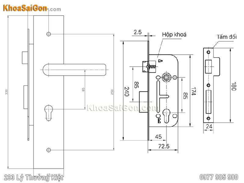 Bản vẽ k&iacute;ch thước kh&oacute;a cửa Việt Tiệp 04938