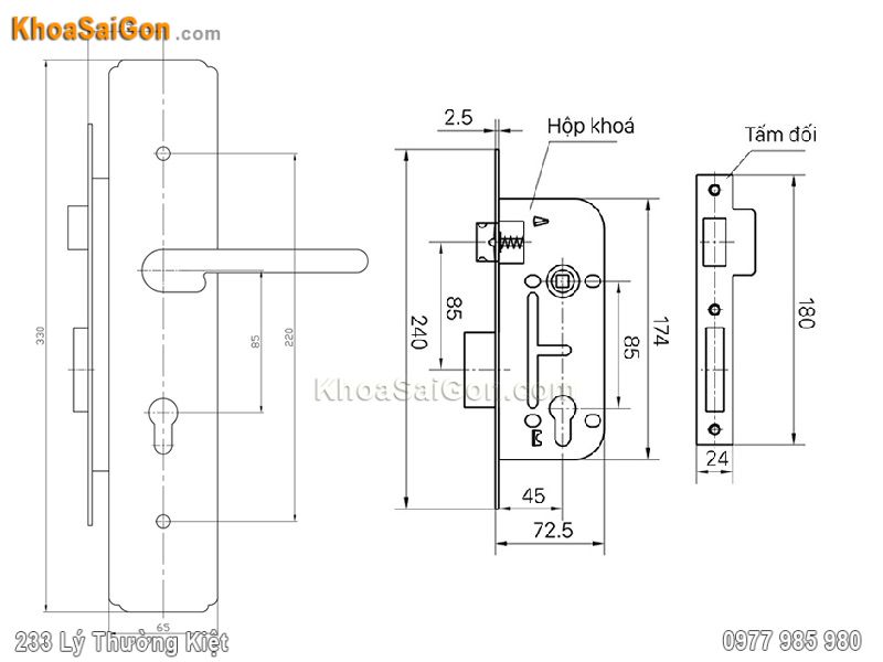 Bản vẽ k&iacute;ch thước kh&oacute;a cửa Việt Tiệp 04939
